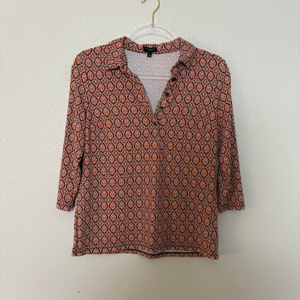 Talbots Petites Retro Print 3/4 Sleeve Blouse Orange Navy Geometric Pattern
